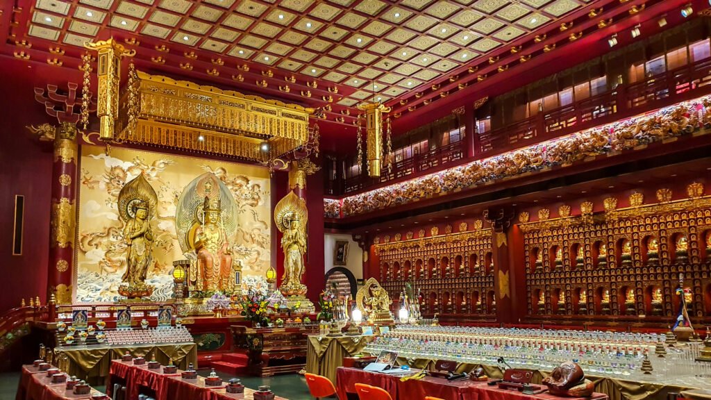 interior of buddha tooth relic temple and museum in chinatown, singapore.